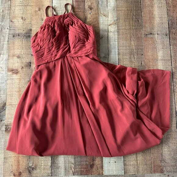 Azazie Ginger Allure A-Line Lace Chiffon Floor Length Open Back Dress Terracotta - Picture 1 of 10